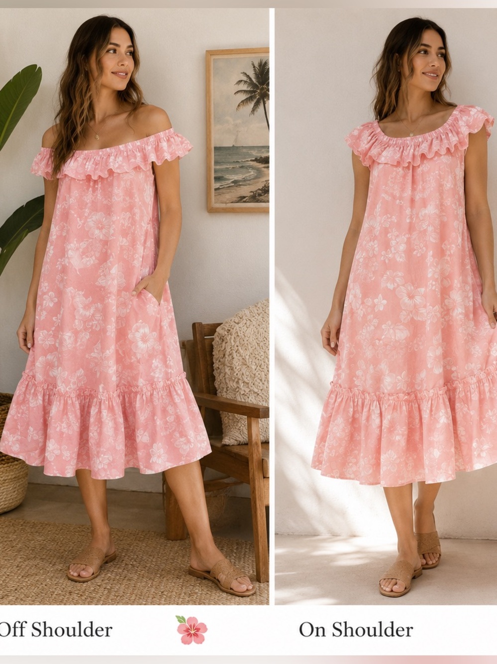 Vintage Hawaiian Pink Floral On or Off Shoulder Midi Dress Resort Size 14